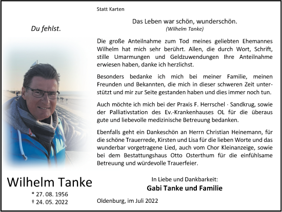 Traueranzeige von Wilhelm Tanke von Nordwest-Zeitung