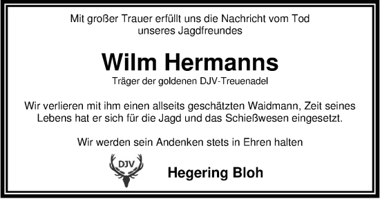 Traueranzeige von Wilm Hermanns von Nordwest-Zeitung