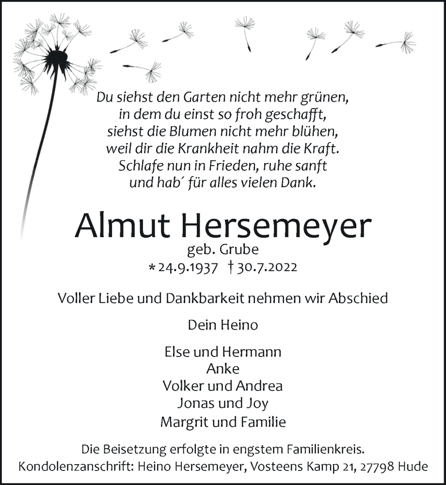  Traueranzeige für Almut Hersemeyer vom 11.08.2022 aus Nordwest-Zeitung