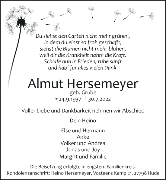 Traueranzeige von Almut Hersemeyer von Nordwest-Zeitung