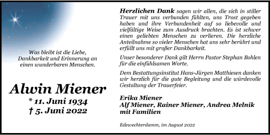 Traueranzeige von Alwin Miener von Nordwest-Zeitung