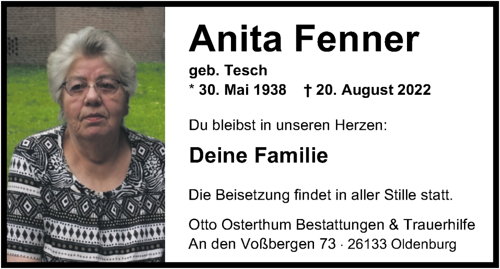  Traueranzeige für Anita Fenner vom 27.08.2022 aus Nordwest-Zeitung