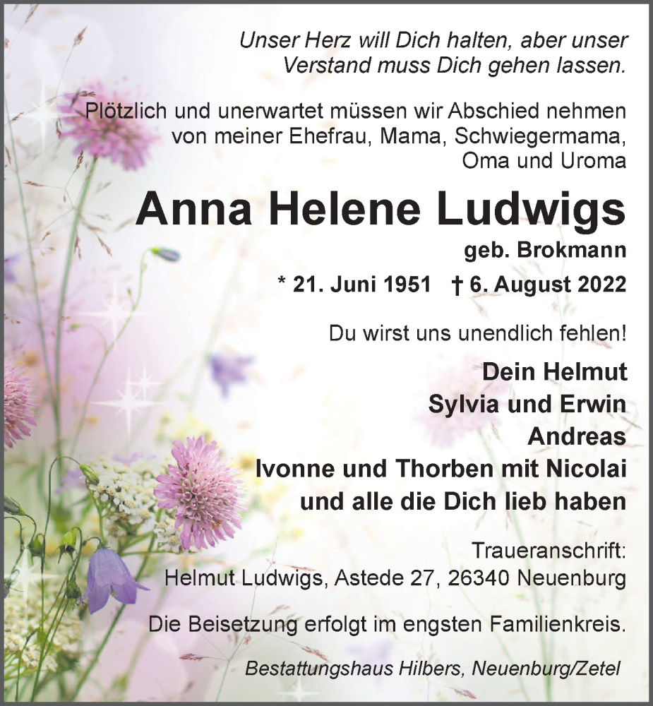  Traueranzeige für Anna Helene Ludwigs vom 10.08.2022 aus Nordwest-Zeitung