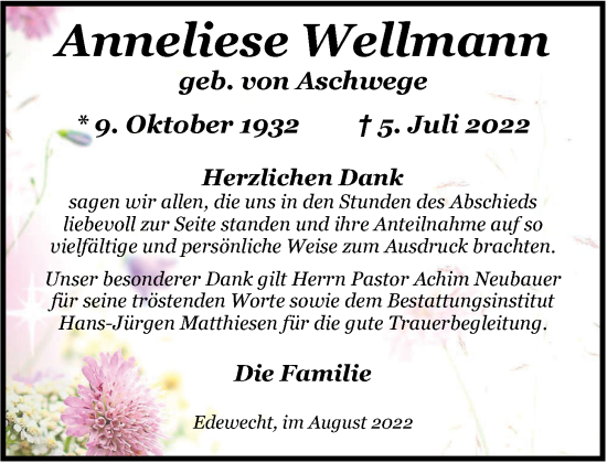 Traueranzeige von Anneliese Wellmann von Nordwest-Zeitung