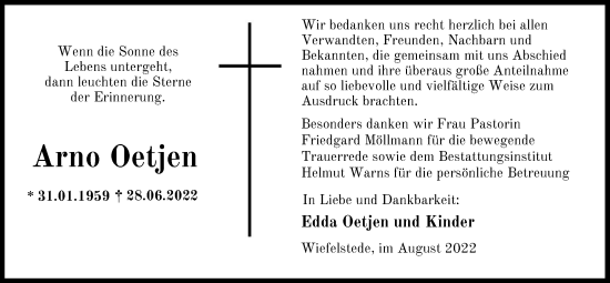 Traueranzeige von Arno Oetjen von Nordwest-Zeitung