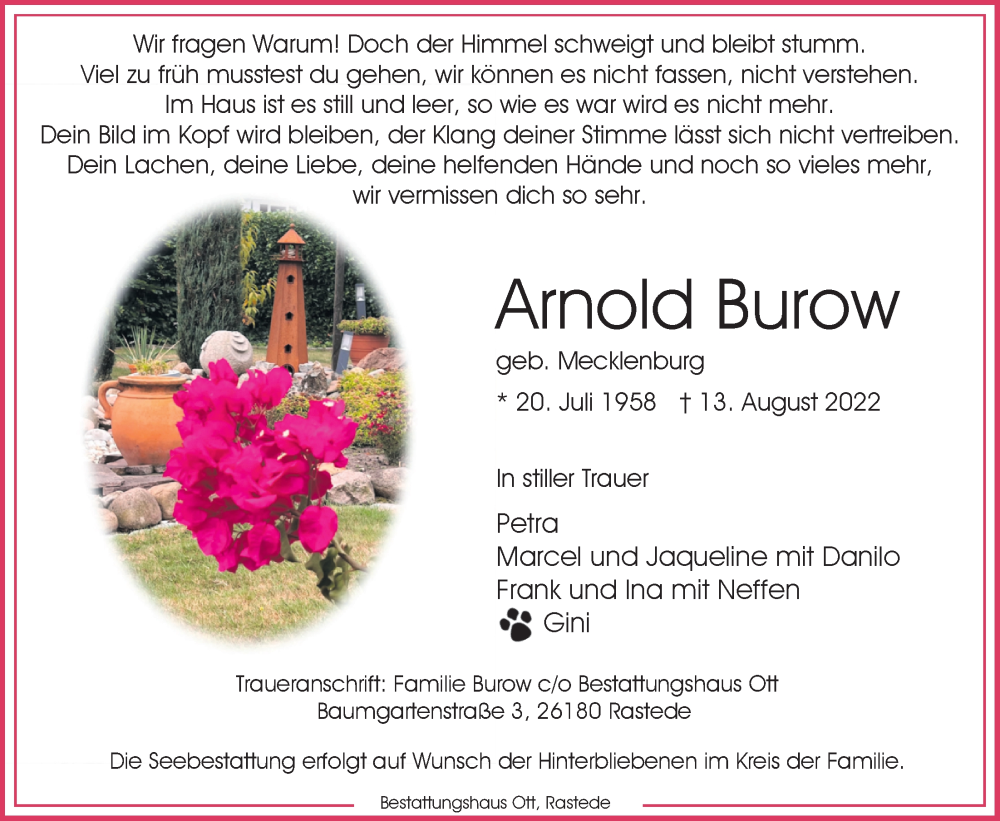  Traueranzeige für Arnold Burow vom 20.08.2022 aus Nordwest-Zeitung
