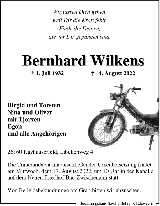 Traueranzeige von Bernhard Wilkens von Nordwest-Zeitung