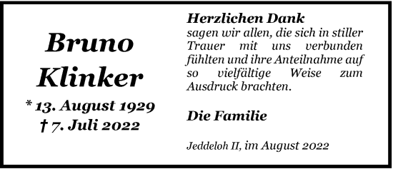 Traueranzeige von Bruno Klinker von Nordwest-Zeitung