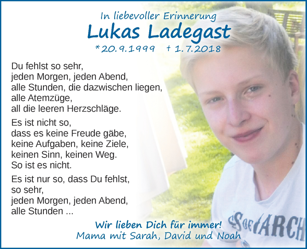  Traueranzeige für Lukas Ladegast vom 01.07.2022 aus Nordwest-Zeitung