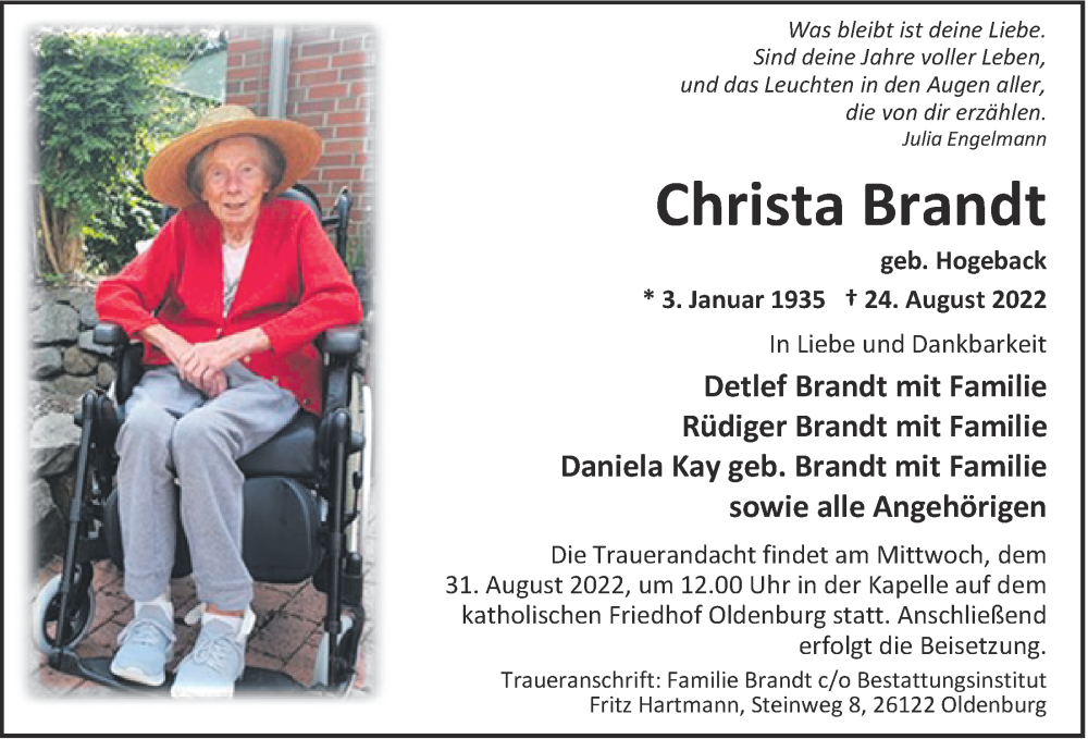  Traueranzeige für Christa Brandt vom 27.08.2022 aus Nordwest-Zeitung