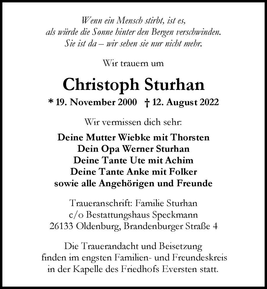  Traueranzeige für Christoph Sturhan vom 17.08.2022 aus Nordwest-Zeitung