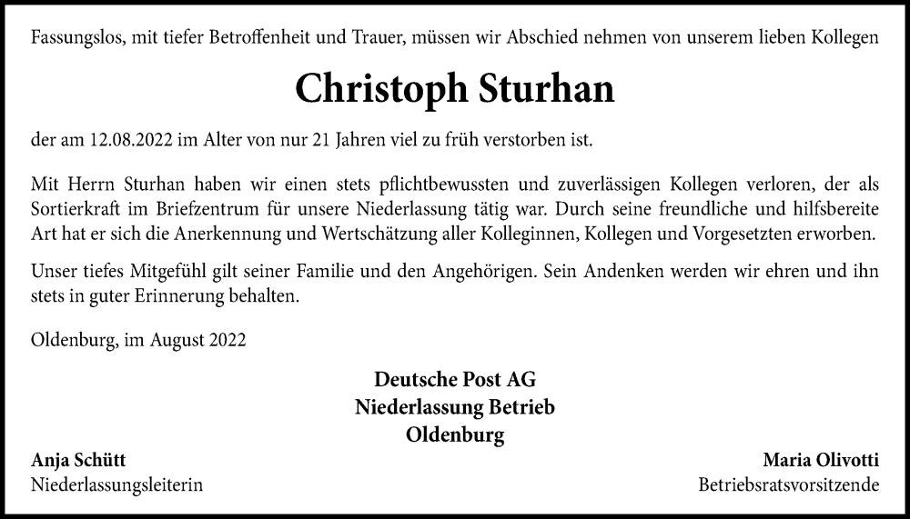  Traueranzeige für Christoph Sturhan vom 19.08.2022 aus Nordwest-Zeitung