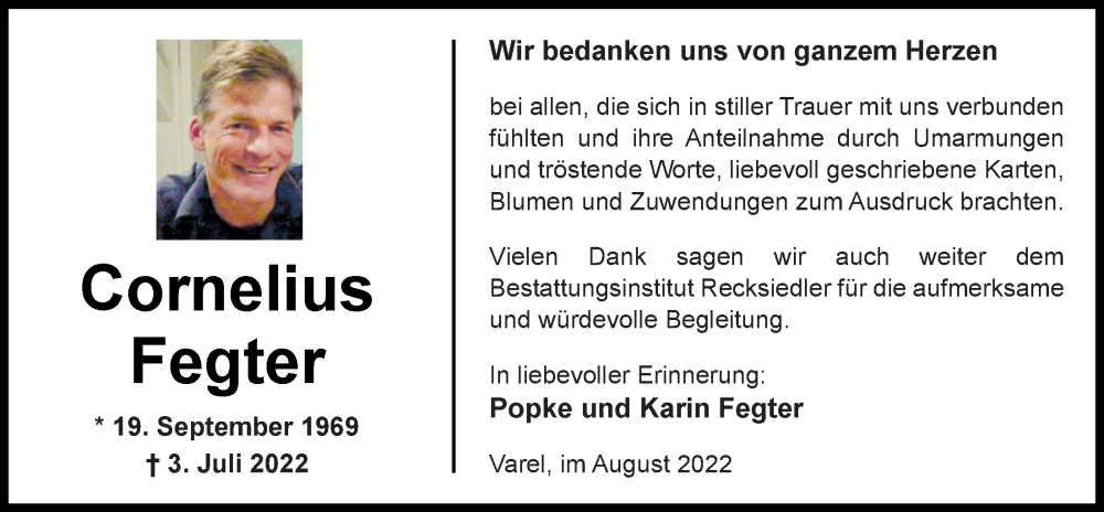  Traueranzeige für Cornelius Fegter vom 13.08.2022 aus Nordwest-Zeitung