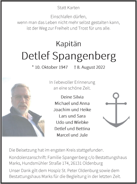Traueranzeige von Detlef Spangenberg von Nordwest-Zeitung