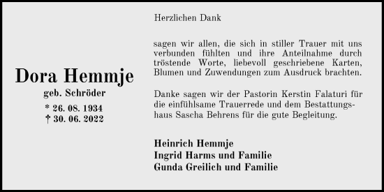 Traueranzeige von Dora Hemmje von Nordwest-Zeitung