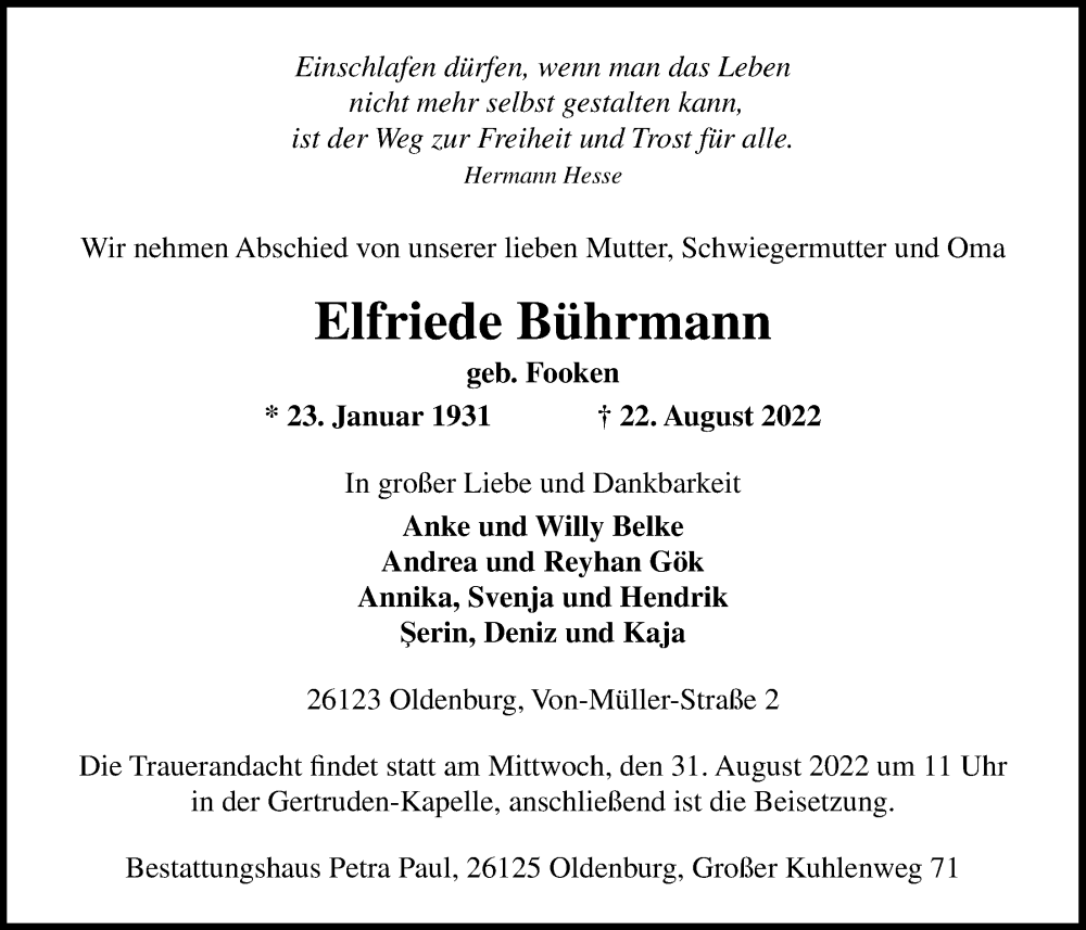 Traueranzeigen von Elfriede Bührmann nordwesttrauer.de