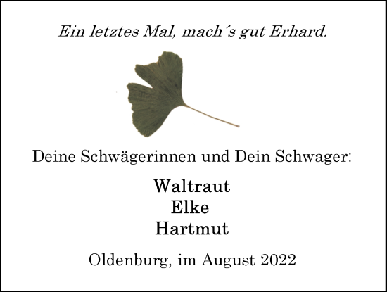 Traueranzeige von Erhard Schaffner von Nordwest-Zeitung