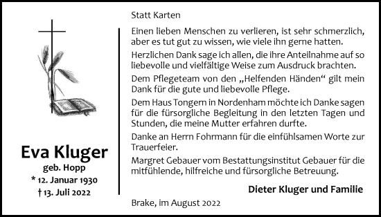 Traueranzeige von Eva Kluger von Nordwest-Zeitung
