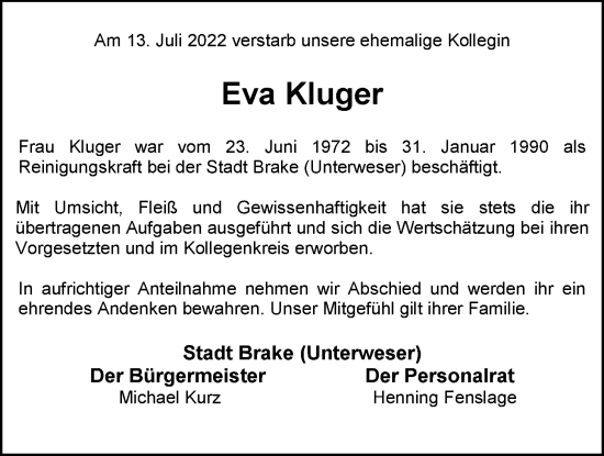 Traueranzeige von Eva Kluger von Nordwest-Zeitung