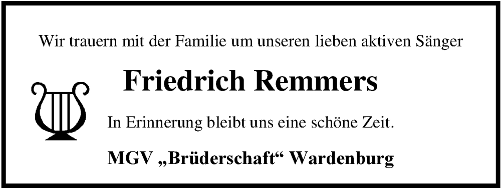  Traueranzeige für Friedrich Remmers vom 06.08.2022 aus Nordwest-Zeitung