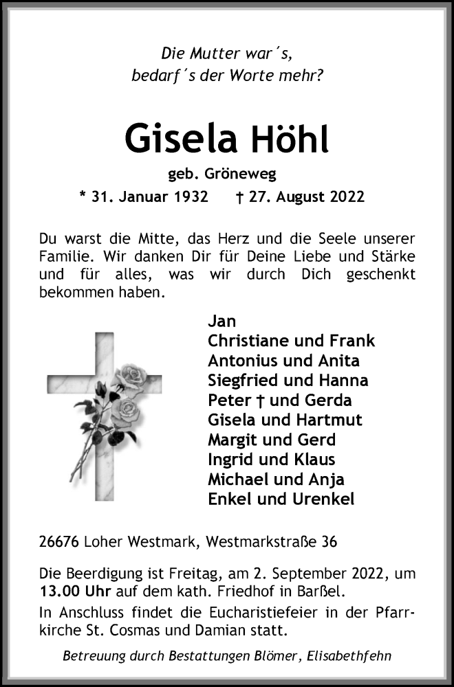  Traueranzeige für Gisela Höhl vom 30.08.2022 aus Nordwest-Zeitung
