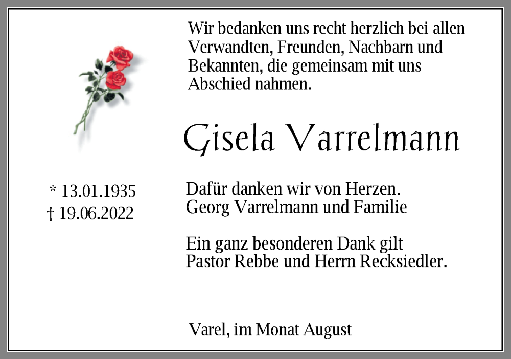  Traueranzeige für Gisela Varrelmann vom 13.08.2022 aus Nordwest-Zeitung