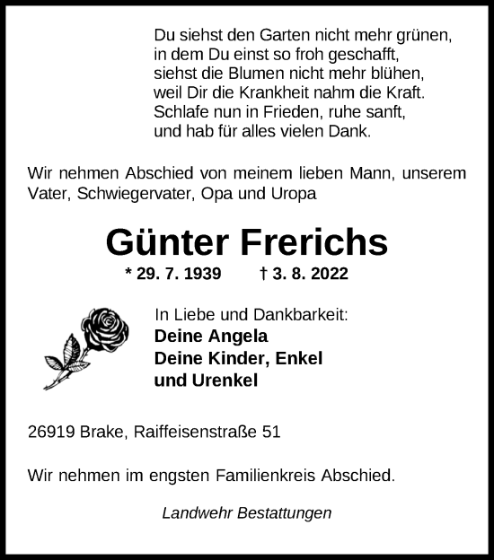Traueranzeige von Günter Frerichs von Nordwest-Zeitung