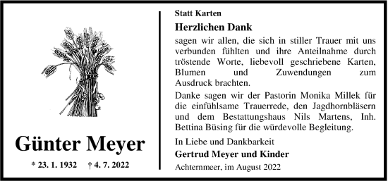 Traueranzeige von Günter Meyer von Nordwest-Zeitung