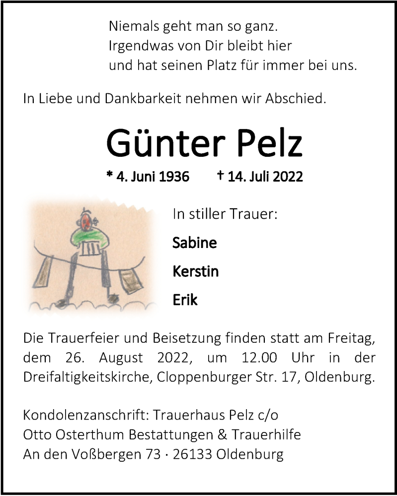  Traueranzeige für Günter Pelz vom 20.08.2022 aus Nordwest-Zeitung