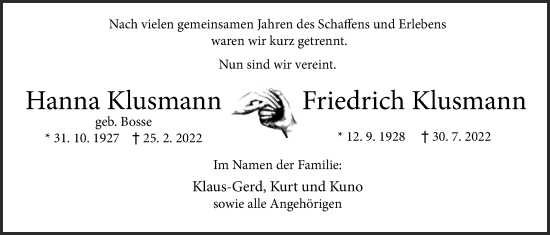 Traueranzeige von Hanna Klusmann von Nordwest-Zeitung