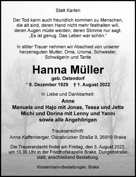Traueranzeige von Hanna Müller von Nordwest-Zeitung