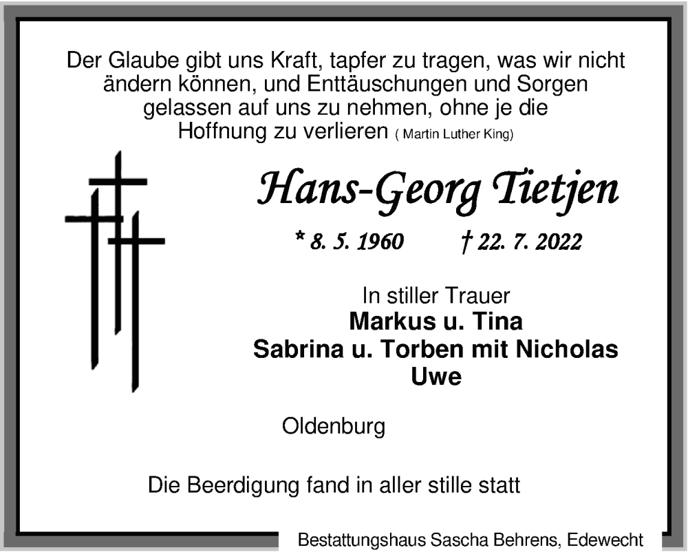  Traueranzeige für Hans-Georg Tietjen vom 06.08.2022 aus Nordwest-Zeitung