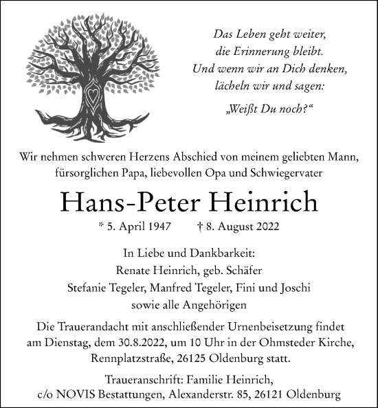 Traueranzeige von Hans-Peter Heinrich von Nordwest-Zeitung
