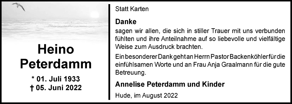  Traueranzeige für Heino Peterdamm vom 06.08.2022 aus Nordwest-Zeitung