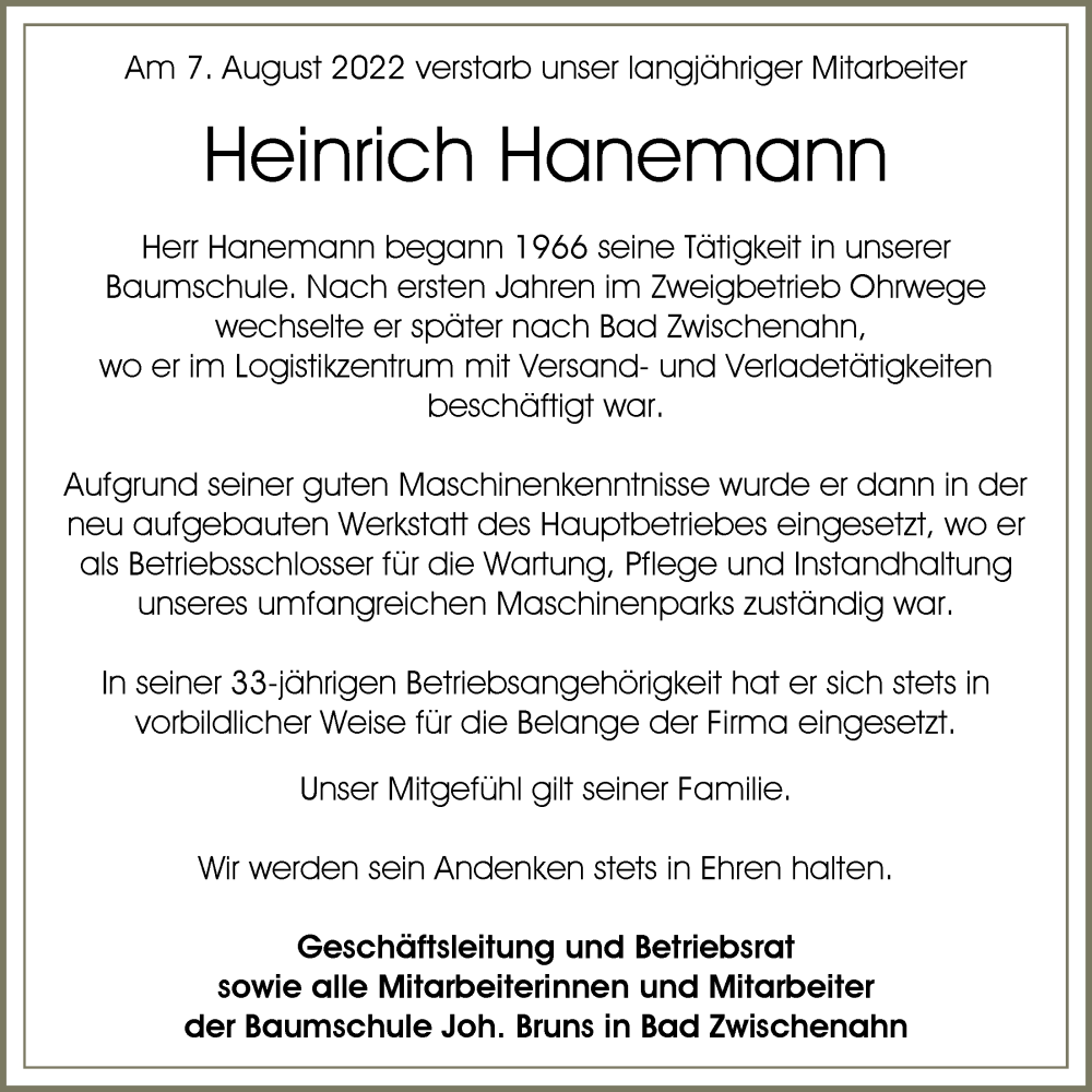  Traueranzeige für Heinrich Hanemann vom 13.08.2022 aus Nordwest-Zeitung