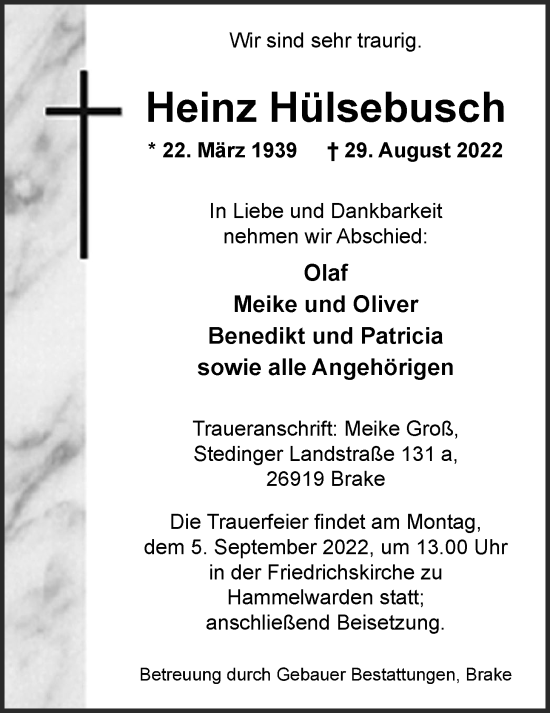 Traueranzeige von Heinz Hülsebusch von Nordwest-Zeitung