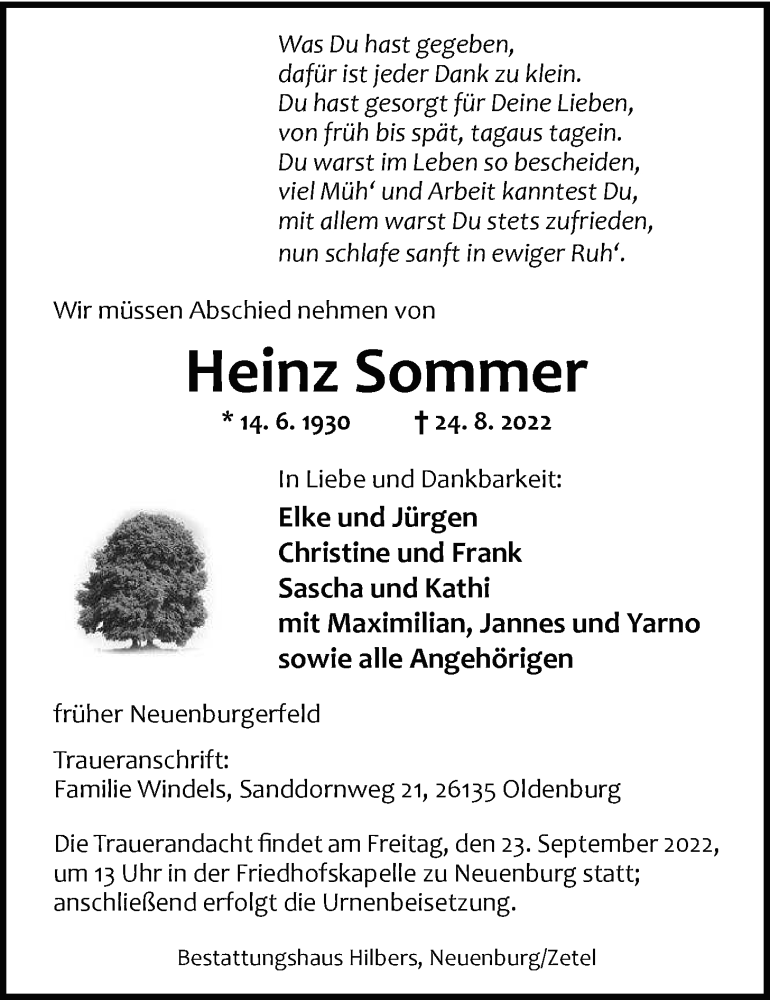  Traueranzeige für Heinz Sommer vom 30.08.2022 aus Nordwest-Zeitung