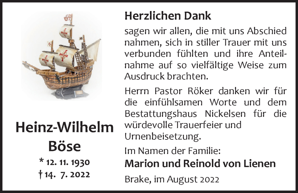  Traueranzeige für Heinz-Wilhelm Böse vom 26.08.2022 aus Nordwest-Zeitung