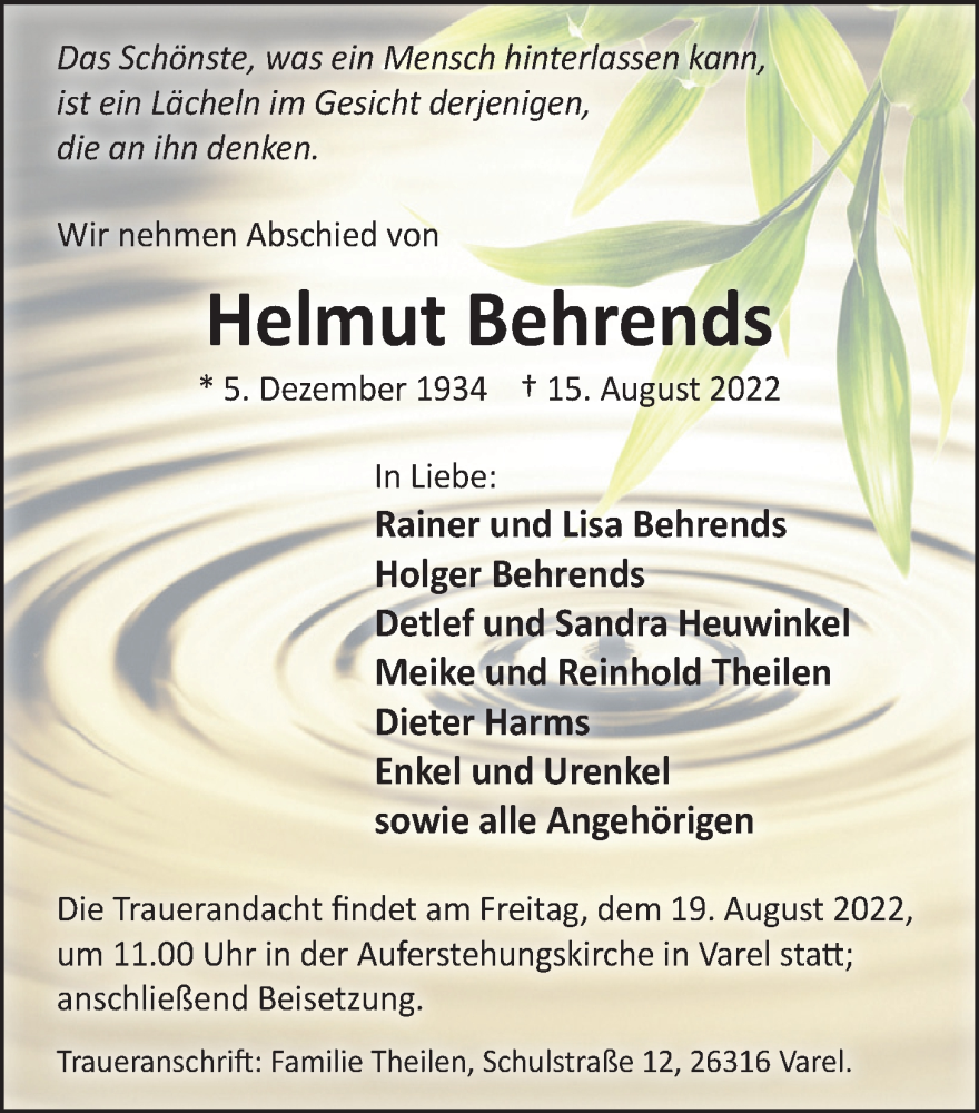 Traueranzeige für Helmut Behrends vom 17.08.2022 aus Nordwest-Zeitung