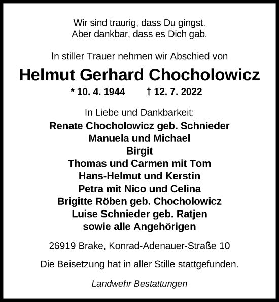 Traueranzeige von Helmut Gerhard Chocholowicz von Nordwest-Zeitung