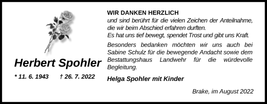 Traueranzeige von Herbert Spoiler von Nordwest-Zeitung