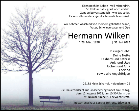 Traueranzeige von Hermann Wilken von Nordwest-Zeitung