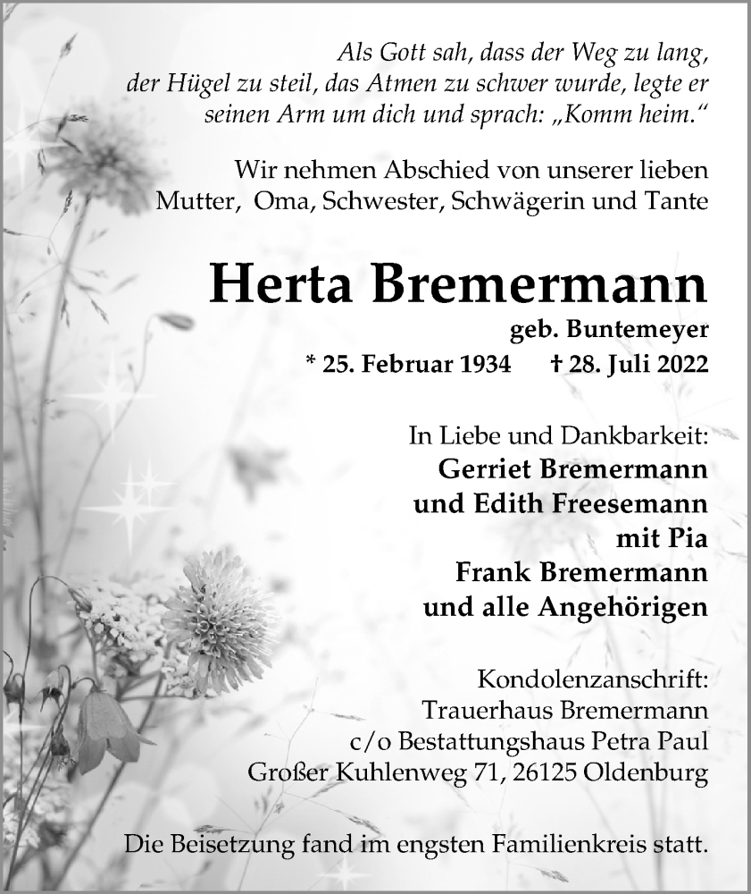  Traueranzeige für Herta Bremermann vom 06.08.2022 aus Nordwest-Zeitung