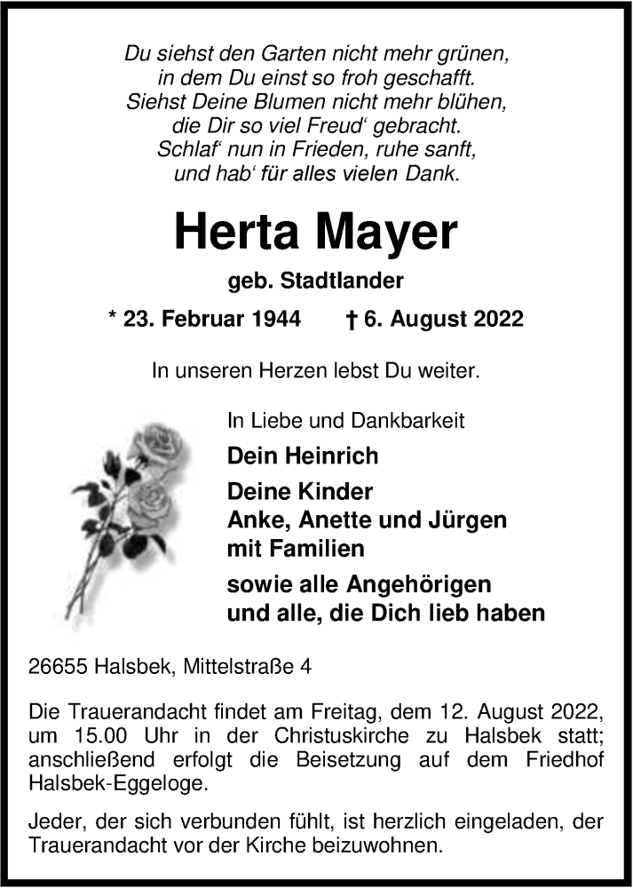  Traueranzeige für Herta Mayer vom 10.08.2022 aus Nordwest-Zeitung