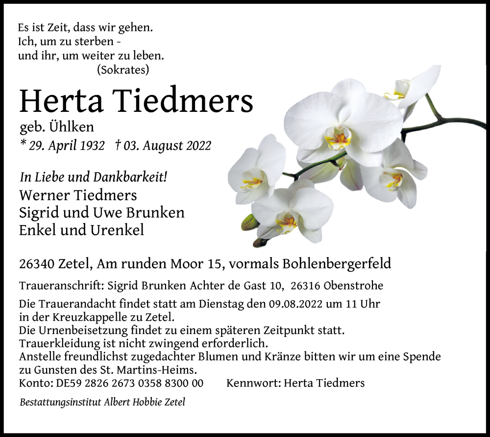  Traueranzeige für Herta Tiedmers vom 05.08.2022 aus Nordwest-Zeitung