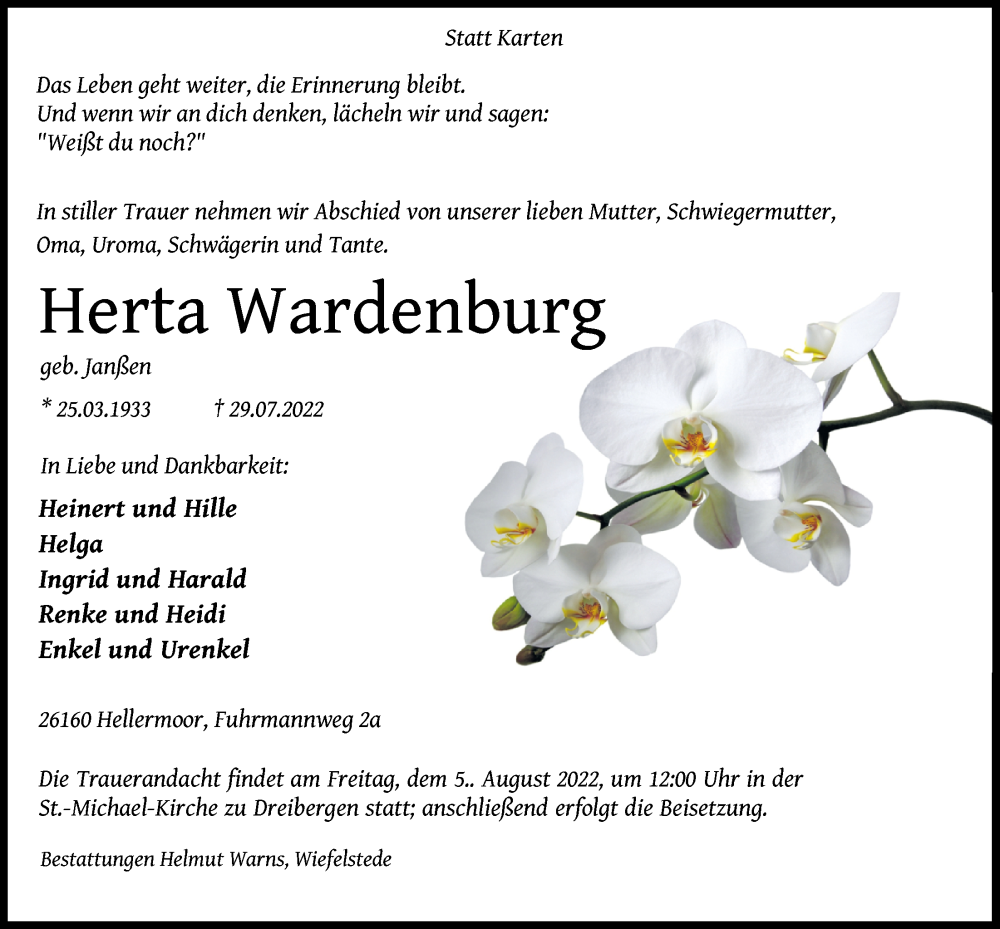  Traueranzeige für Herta Wardenburg vom 03.08.2022 aus Nordwest-Zeitung