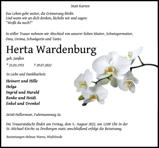 Traueranzeige von Herta Wardenburg von Nordwest-Zeitung