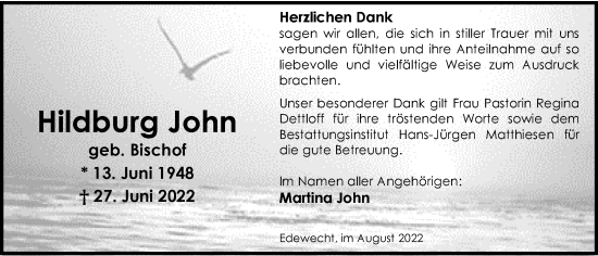 Traueranzeige von Hildburg John von Nordwest-Zeitung