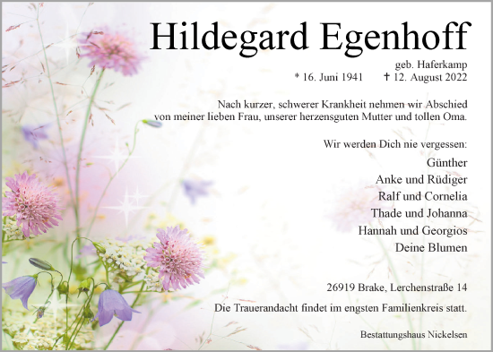 Traueranzeige von Hildegard Egenhoff von Nordwest-Zeitung