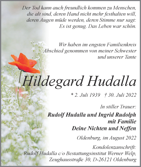 Traueranzeige von Hildegard Hudalla von Nordwest-Zeitung